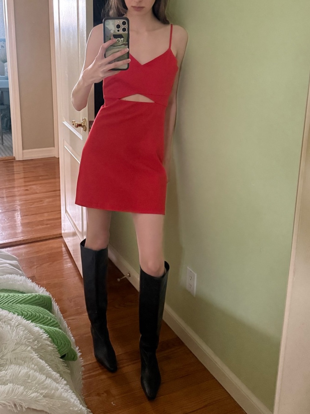 Zara Red Mini Dress with Front Cutout and Spaghetti Straps